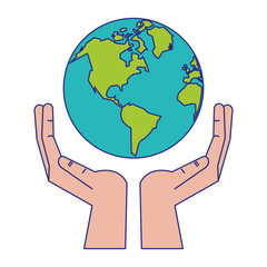 World in human hands symbol blue lines