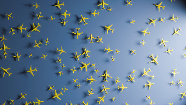 Flight radar on blue background. Yellow airplanes