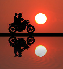 Fototapeta na wymiar silhouette of lover couple in sunset with classic motorcycle