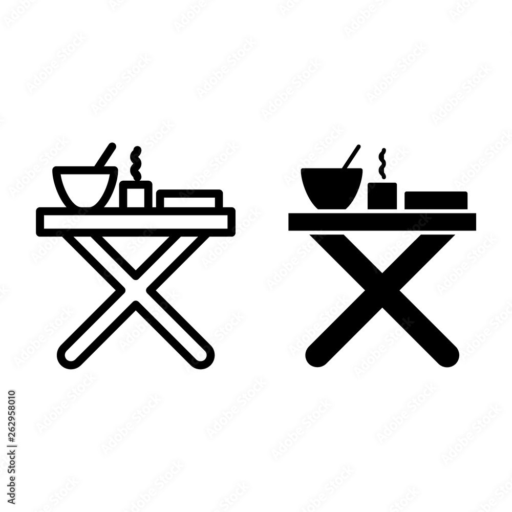 Poster folding table with dinner line and glyph icon. camping table vector illustration isolated on white. 