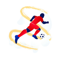 Fototapeta na wymiar Soccer player with ball on abstract background. Vector illustration in flat style. 