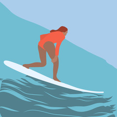 Flat style illustration. Summer beach surfing illustration. Longboard women surfing