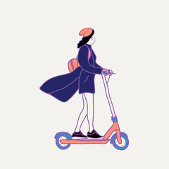 Girl on scooter outdoor line art vector illustration