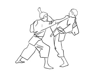 Adult male athletes in kimono. Active poses. Hand drawn outlines. Martial arts. Black contour. Karate or judo fight. Vector silhouettes.