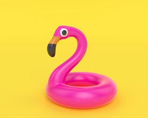 Inflatable pink flamingo isolated on yellow background, Summer banner concept, 3d rendering