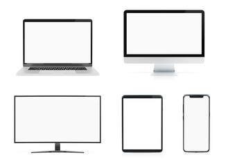 Modern devices with smartphone laptop computer and tablet isolated on white mockup 3D rendering