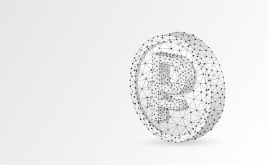 Russian Ruble currency. Golden Coin 3d illustration. Origami Polygonal Raster business, money, finance, cash, circle concept. Low poly wireframe, triangle, lines, dots, polygons. White background