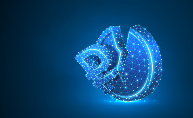 Naklejka premium Russian Ruble currency. Neon 3d illustration. Polygonal Raster business, money, unstable finance, market crash, broken circle concept. Low poly wireframe, triangle, lines, dots. Blue background