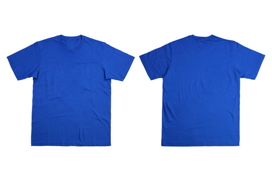 Front and back blue t-shirt mockup on white background