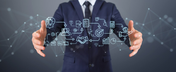 Businessman using thin line icon project plan presentation