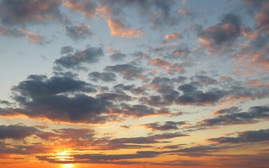 Beautiful cloudscape in the sky at orange sunset, natural background