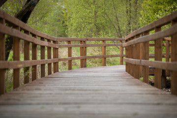 A public park, a wooden pedestrian walkway that leads to a gazebo covered area. Park path above the ground.