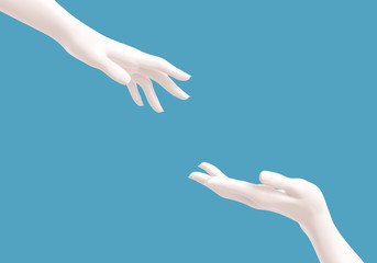 White female helping hands on blue background, rescue concept, mannequin arms, 3d rendering,