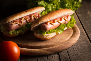 Photo of barbecue grilled hot dog with yellow mustard and ketchup on wooden background. Hot dog sandwich with potato fries and sauces.