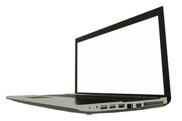 Laptop with blank screen isolated on white background, silver aluminium body. High detailed. 3d illustration