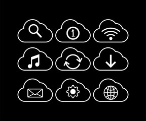Cloud Sign Set. Cloud Storage icon. Black background