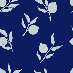 Fototapeta na wymiar Lemon tree leaves branch seamless pattern vector illustration blue silver vintage victorian botanical