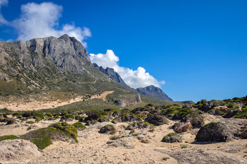 Rocks on Balos beach on a lagoon between Tigani Rock and coast of Crete Island, Greece