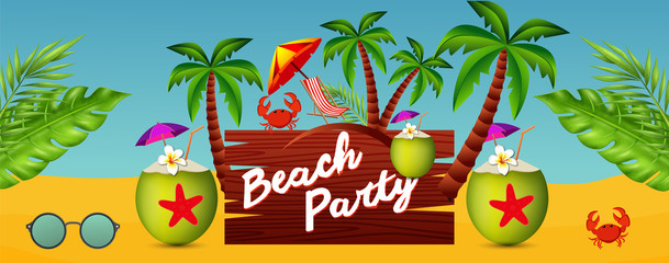Fototapeta premium Summer time party poster design template. Flyer Design with typographic elements on wood texture background. Summer nature floral elements and sunglasses. 