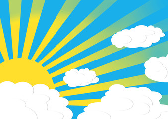 sun and cloud illustration - blue sky with sunbeams behind clouds