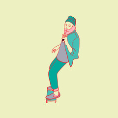 Stylish skater in jeans and sneakers. Skateboard. Vector illustration for a postcard or a poster, print for clothes. Street