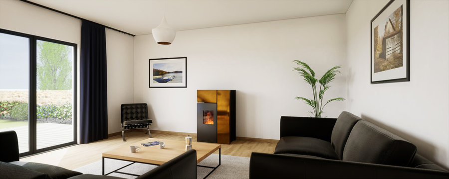 vue 3d panoramique salon avec po&ecirc;le &agrave; granul&eacute; 6