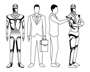 businessmen with humanoid robot black and white