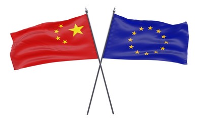 China and EU, two crossed flags isolated on white background. 3d image