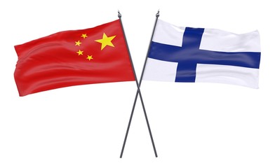 China and Finland, two crossed flags isolated on white background. 3d image