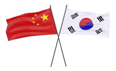 China and South Korea, two crossed flags isolated on white background. 3d image