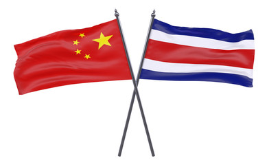 China and Costa Rica, two crossed flags isolated on white background. 3d image