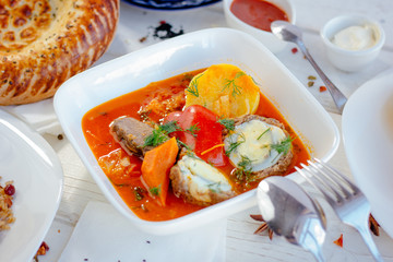Dolma soup - greek, armenian and asian soup with meatballs and vegetables.