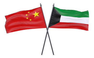 China and Kuwait, two crossed flags isolated on white background. 3d image