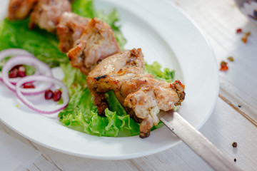 Fresh barbecue meat on white plate.