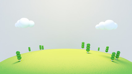 Cartoon green trees on the hill. 3d rendering picture.