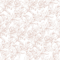 Light background from contour flowers. Beige outline drawing on a light background. Texture for decoration of fabric, tile and paper and wallpaper on the wall.