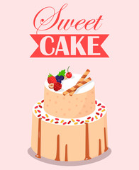 Sweet Cake with Fruit Decor, Candies, Cookies.