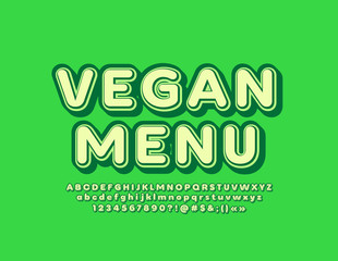 Vector vintage style Vegan Menu. Green 3D Alphabet. Letters, Numbers and Symbols for Creative Marketing design