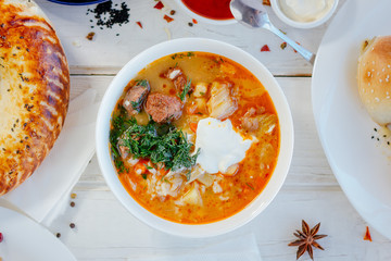 Uzbek rice soup mastava, top view.