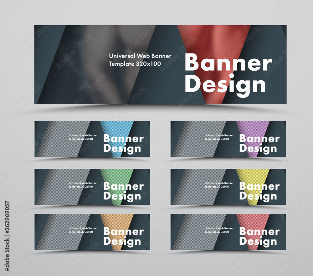 Poster set of black web banners of a standard size in the style of material design with triangular elements for a photo