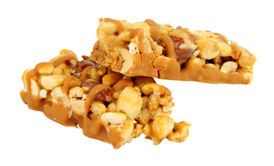Peanut and almond nut snack bars isolated on a white background