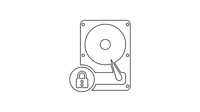 Grey Hard disk drive and lock line icon on white background. HHD and padlock. Security, safety, protection concept. 4K Video motion graphic animation