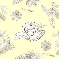 Seamless Pattern with Sloths in Jungle. Animal and Plants sketches. Hand Drawn Background 