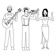 musician playing guitar trumpet and dancing black and white