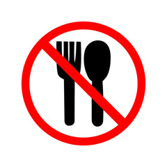 Eat sign icon. Fork and knife. Red prohibition. Stop symbol  on white background. regulatory warning stop symbol. Vector illustration
