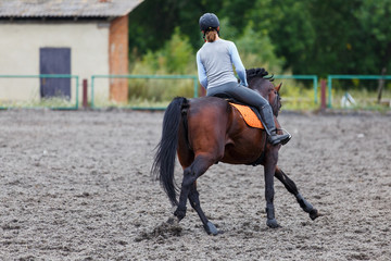 Young girl riding bay horse on equestrian sport training