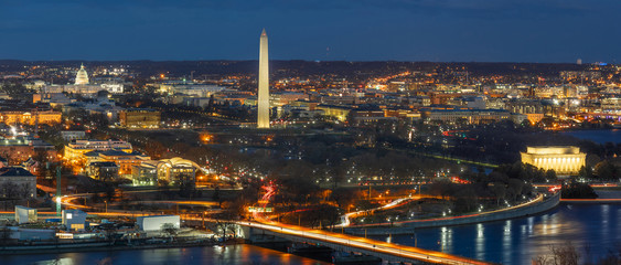 Panorama Top view scene of Washington DC down town which can see United states Capitol, washington monument, lincoln memorial and thomas jefferson memorial, history and culture for travel concept - obrazy, fototapety, plakaty