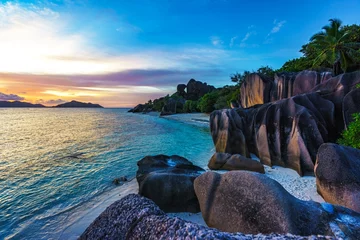 Fotobehang Anse Source D'Agent, La Digue eiland, Seychellen romantic sunset in paradise, anse source d'argent, la digue, seychelles 3