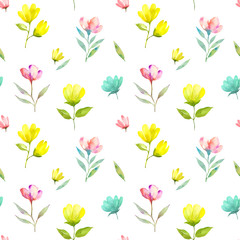 Spring seamless pattern with hand drawn watercolor flowers. Sweet floral background on white. For decoration, textil, paper and wallpaper.