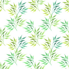 Spring seamless pattern with hand drawn watercolor leaves. Sweet floral background on white. For decoration, textil, paper and wallpaper.